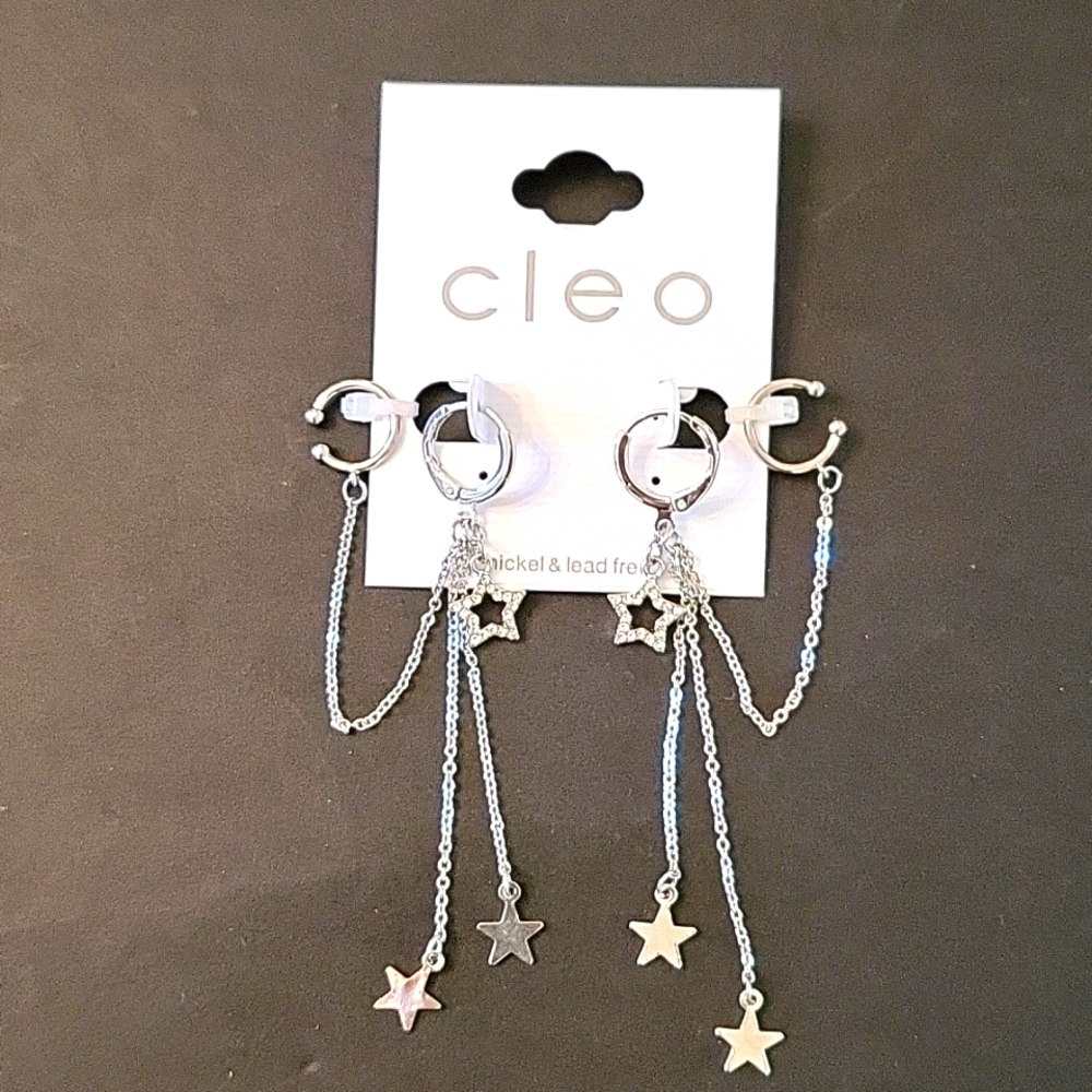 NEW Sparkling Double Earrings/Earcuffs! Crystal Stars Silver-tone Chains